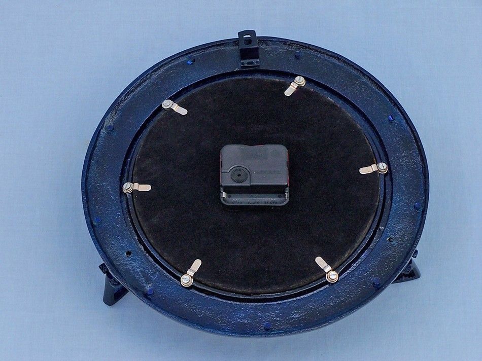 Brass Deluxe Class Porthole Clock 12"" - Dark Blue