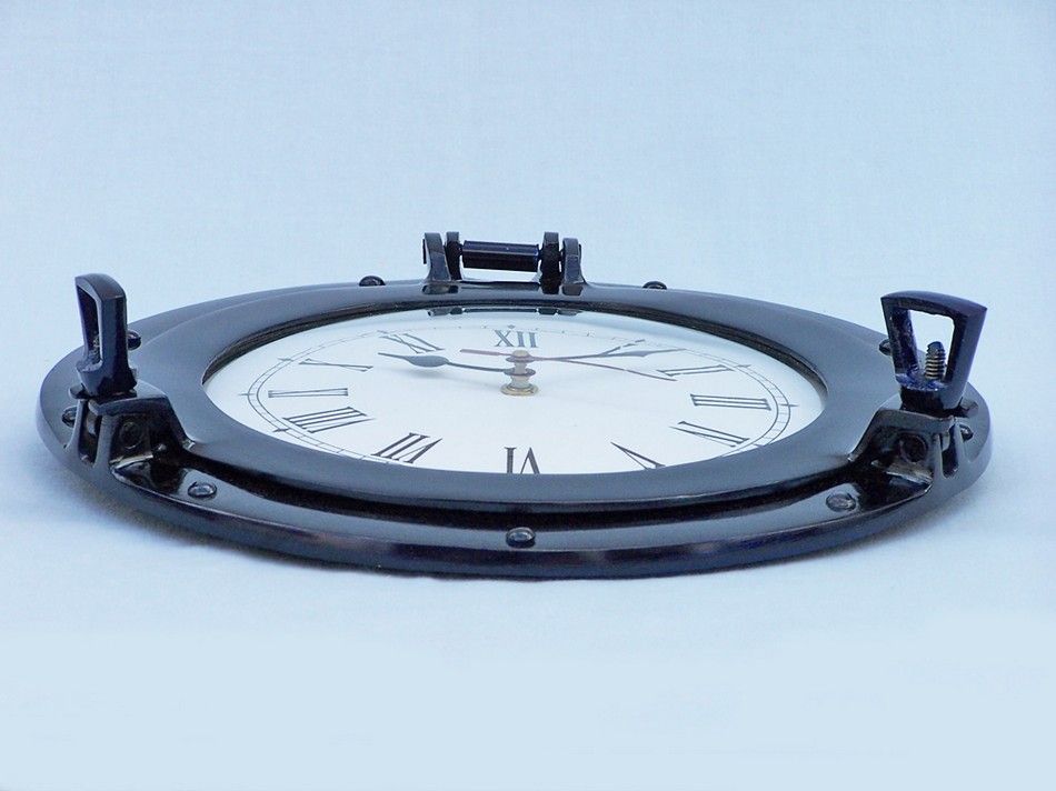 Brass Deluxe Class Porthole Clock 12"" - Dark Blue