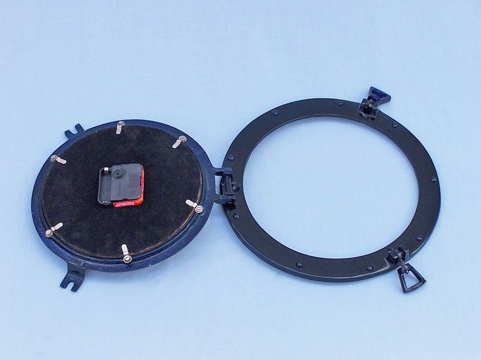 Brass Deluxe Class Porthole Clock 12"" - Dark Blue