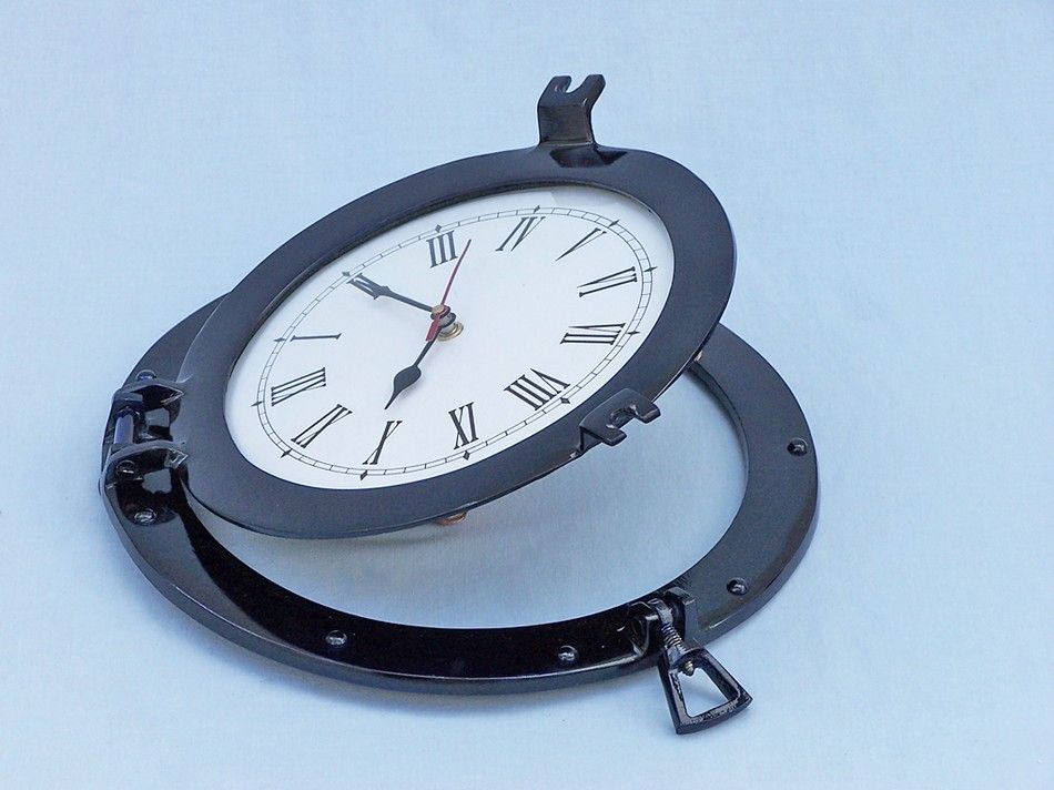 Brass Deluxe Class Porthole Clock 12"" - Dark Blue