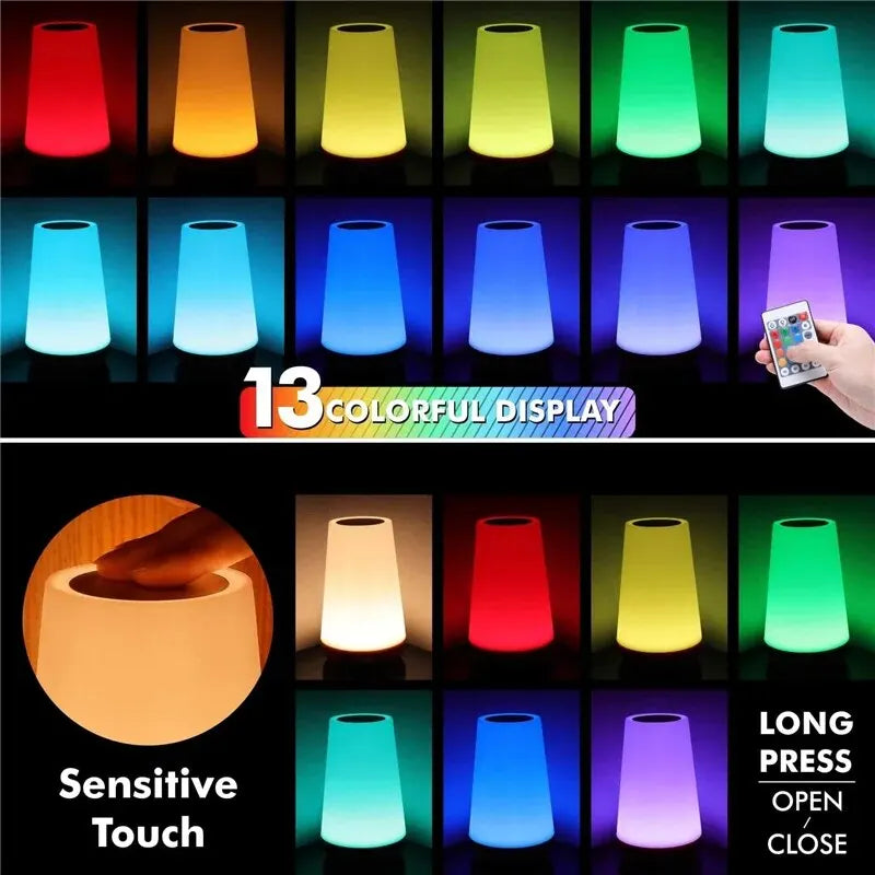 13 - Color Touch & Remote RGB Rechargeable Night Light - Dimmable USB Portable Bedside Table Lamp - PhishStones Products