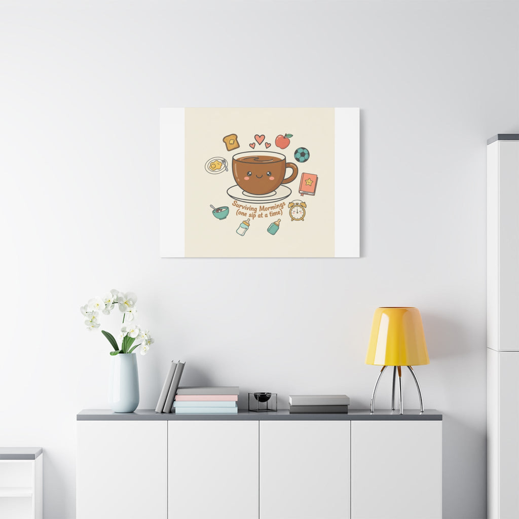 Surviving Mornings (One Sip at a Time) Canvas | Parenting Morning Humor, Coffee & Kids
