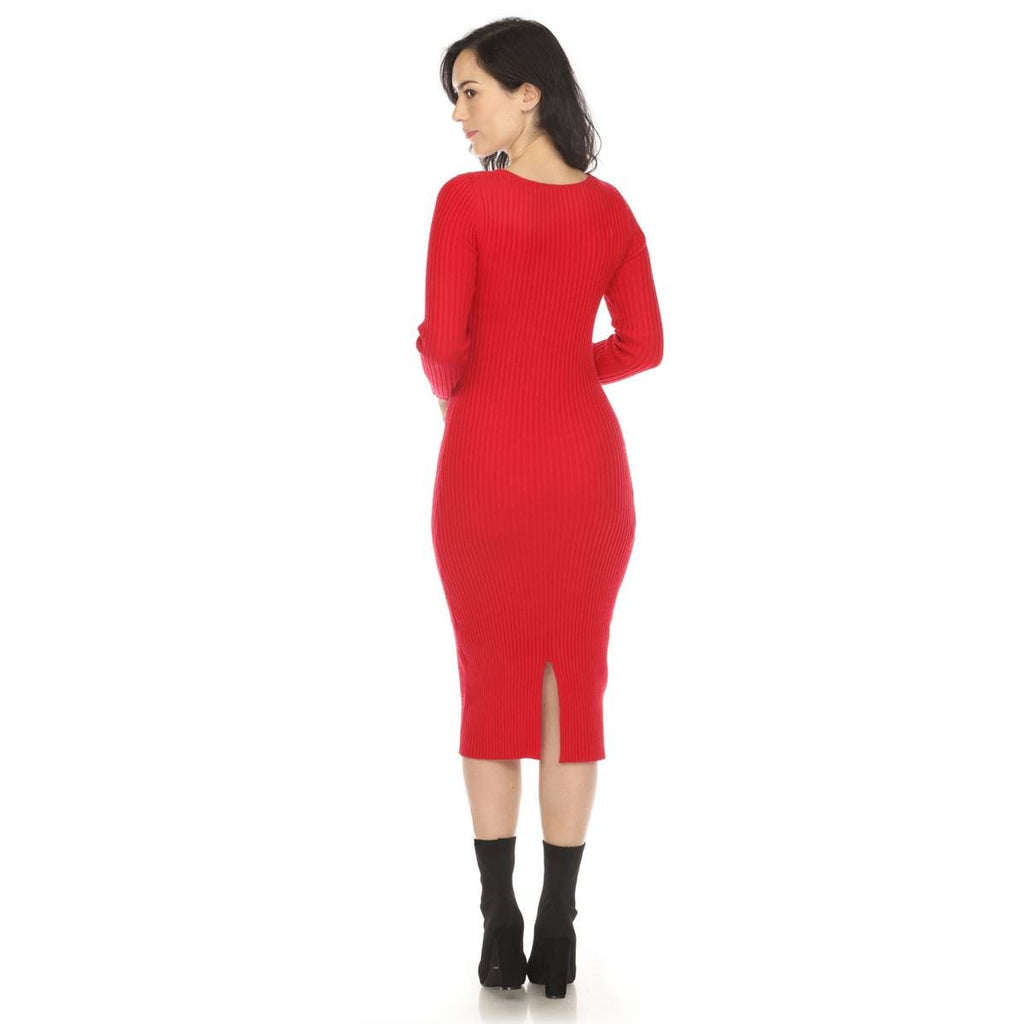 White Mark Womens Long Sleeve Rib Midi Sweater Dress, Medium