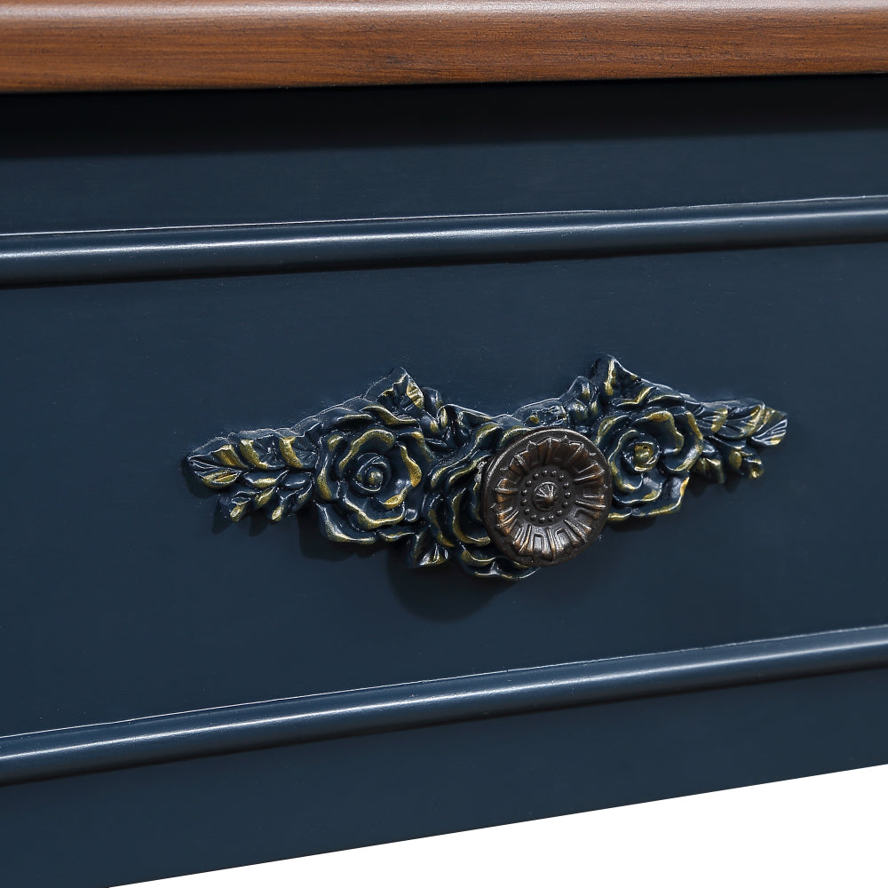 Retro Half-Moon Console Table with 2 Drawers & Open Shelf | 52" Curved Solid Wood Sofa Table — Navy Blue & Brown