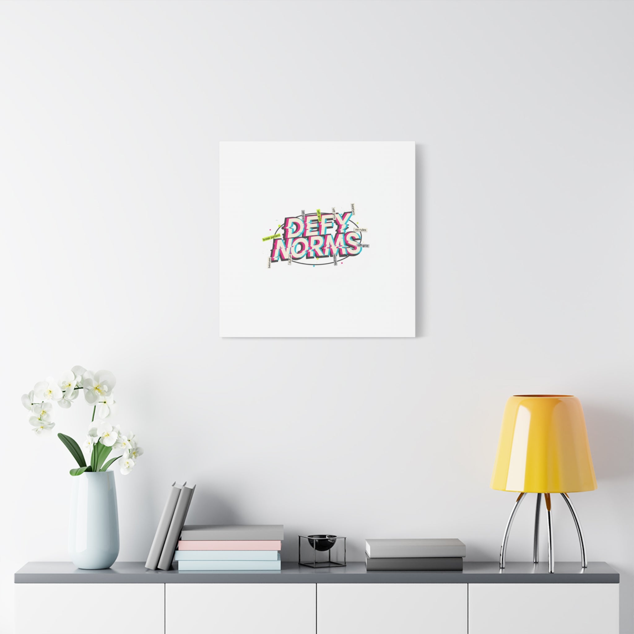 Defy Norms Canvas, Anti-Aesthetic Glitch Typography, Brutalist Poster Style