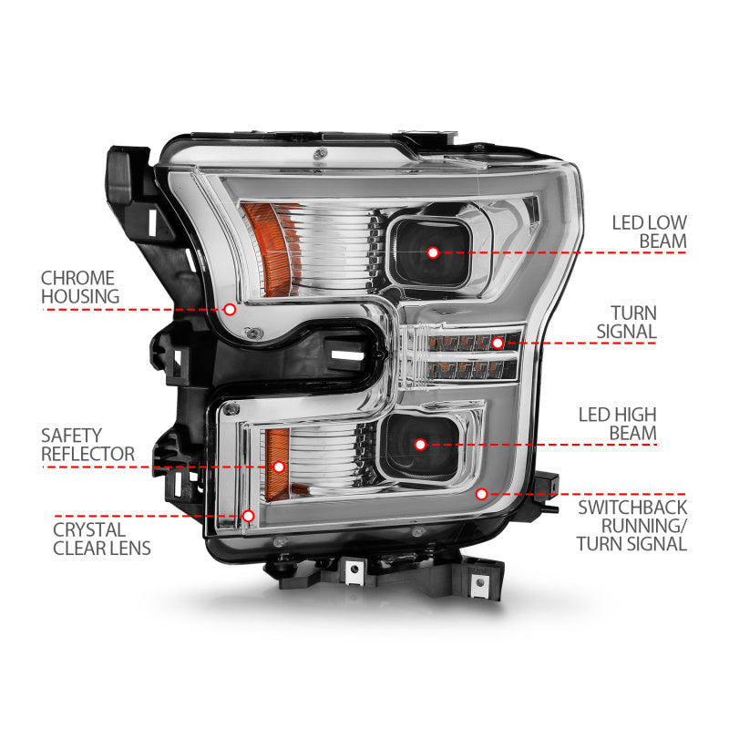 ANZO 15-17 Ford F-150 LED Projector Headlights - w/ Light Bar Switchback Chrome Housing 111548
