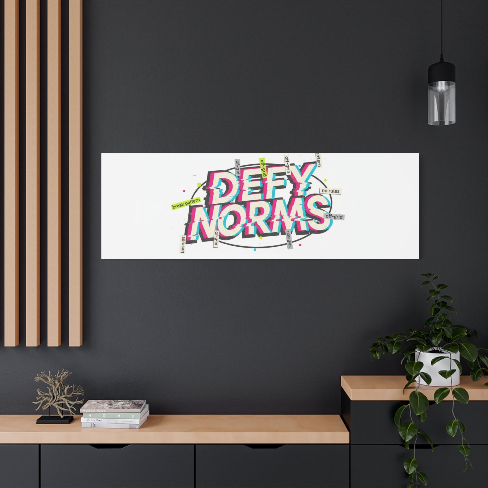 Defy Norms Canvas, Anti-Aesthetic Glitch Typography, Brutalist Poster Style