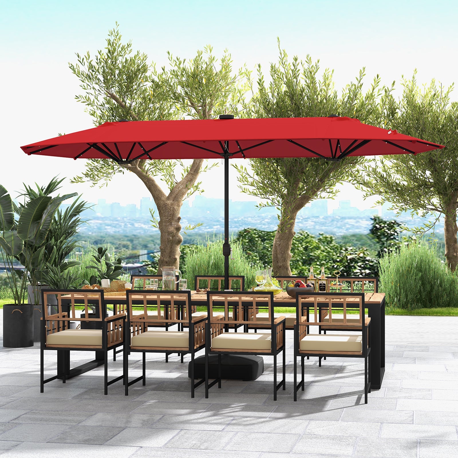 13FT Double-sided Patio Umbrella with Solar Lights for Garden Pool Backyard