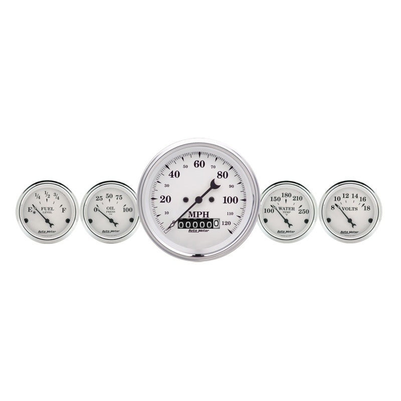 AutoMeter Gauge Kit 5 Pc. 3-3/8in. & 2-1/16in. Elec. Speedometer Old Tyme White 1640