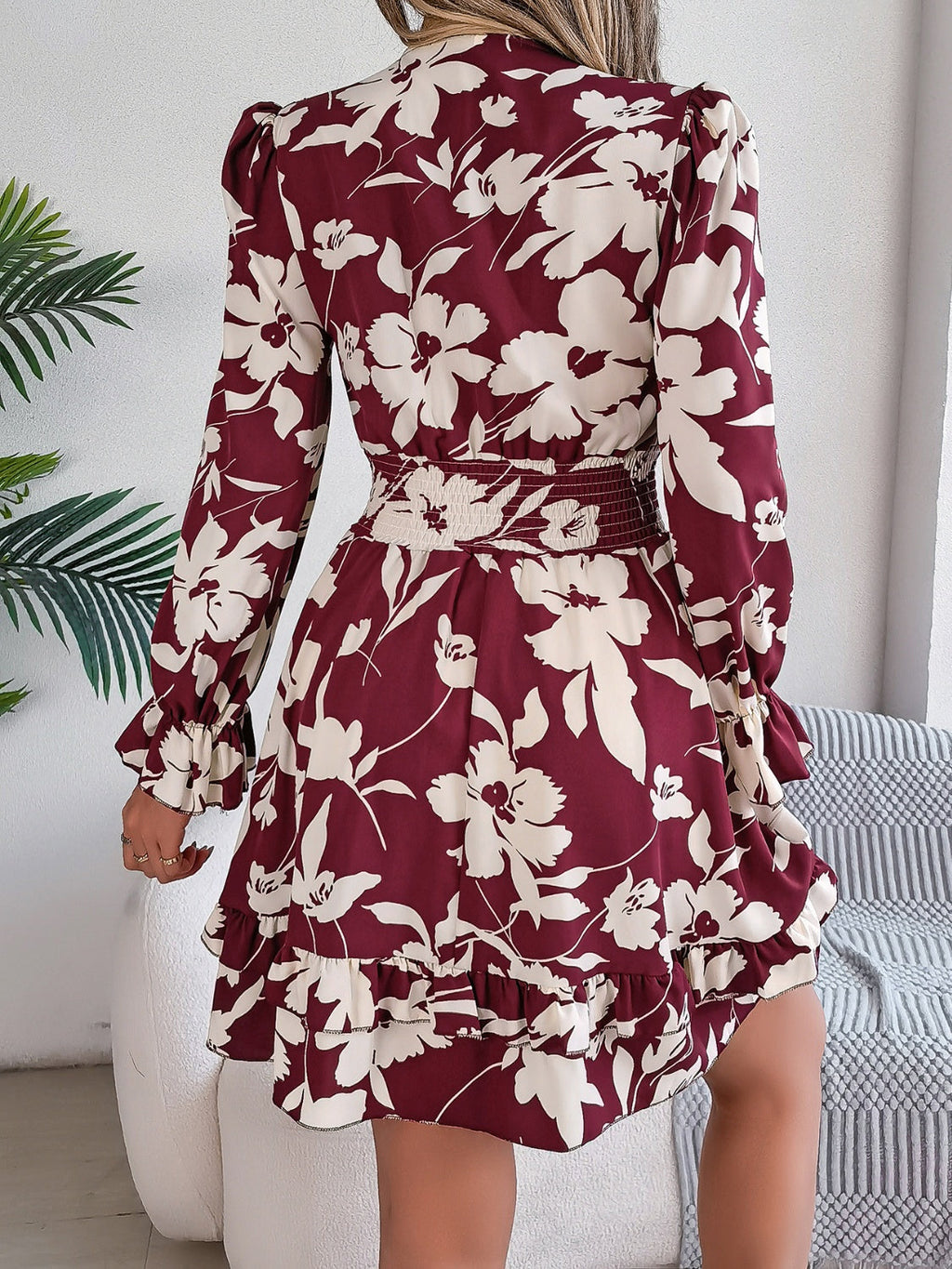 Feminine Lilac Ruffled Printed Long Sleeve Dress Summer Cute Midi Dress