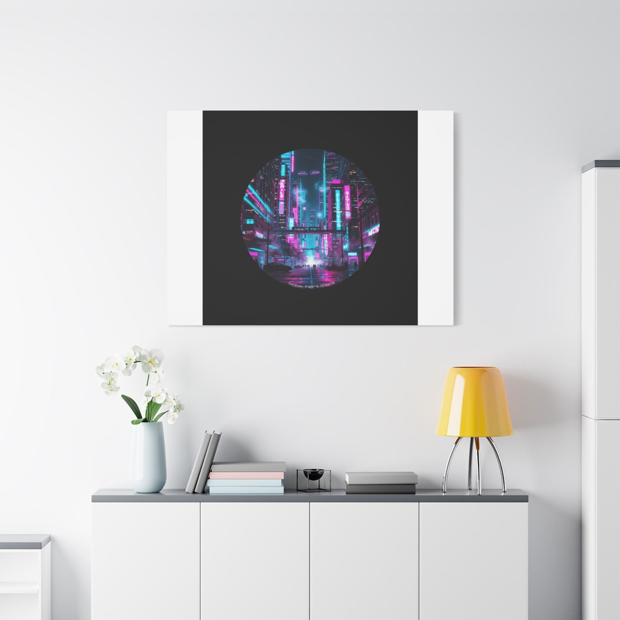 Neon Cyberpunk Cityscape Canvas | synthwave skyline, future city art