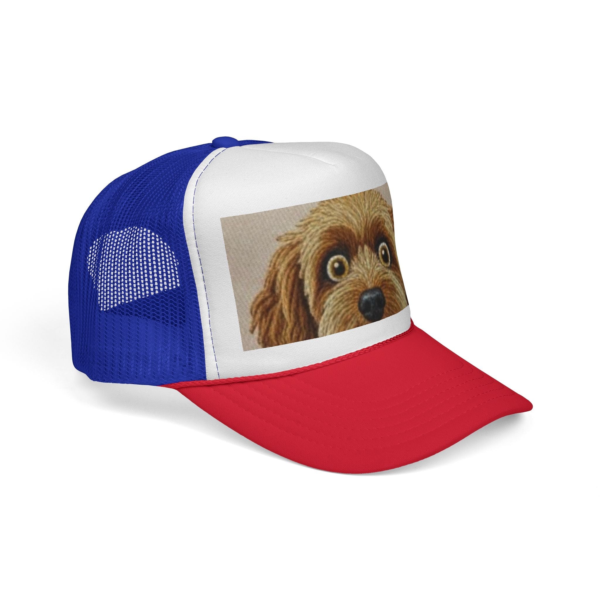Cute Dog Face Trucker Cap — Red, White & Blue Puppy Snapback Hat