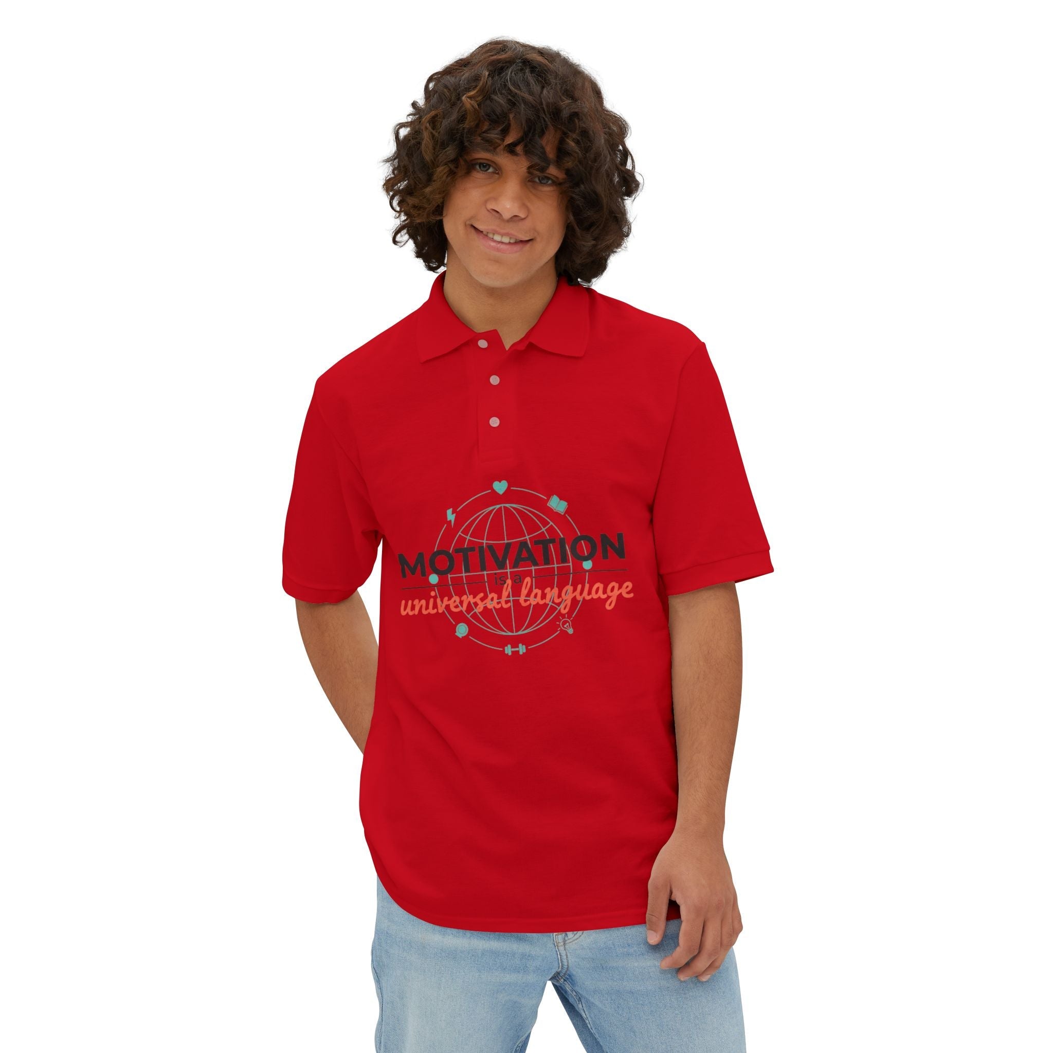 Motivation Is a Universal Language Polo — Tristan's Treehouse Men's Piqué