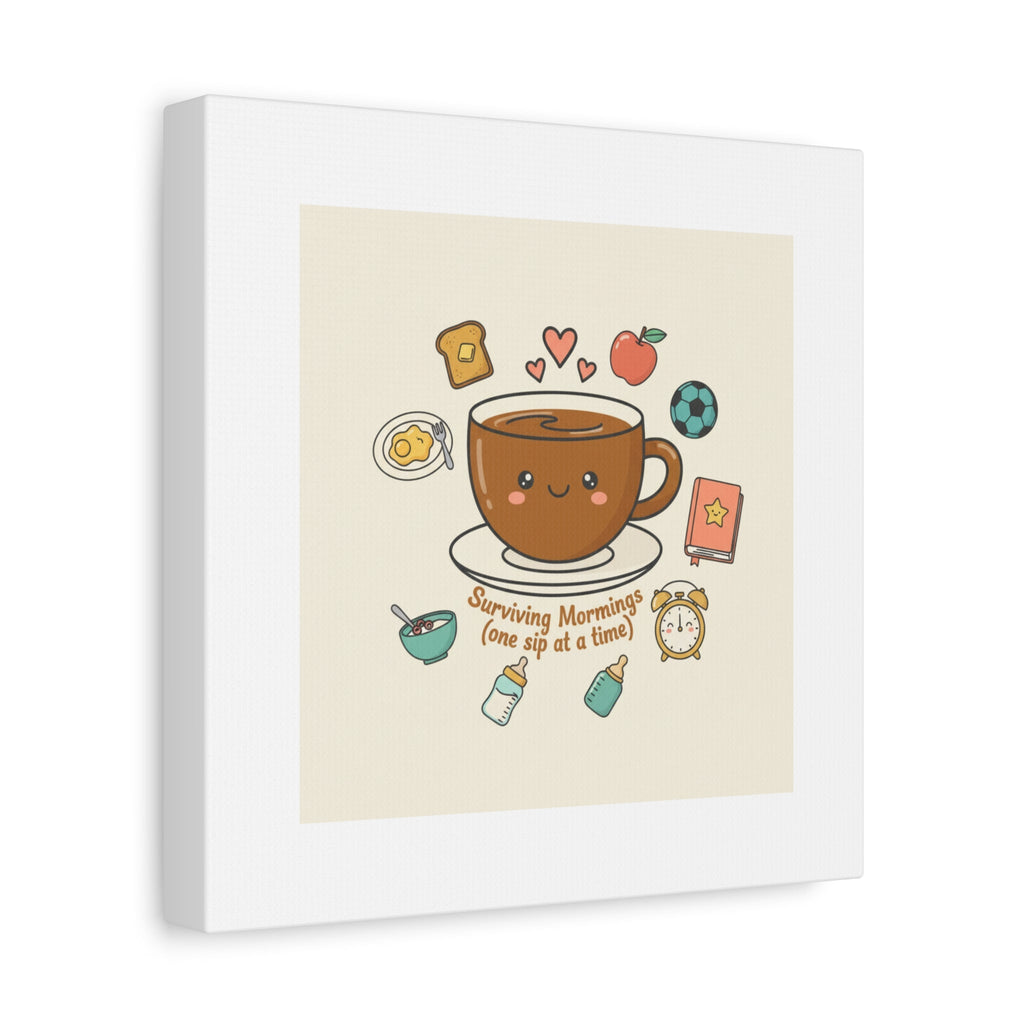 Surviving Mornings (One Sip at a Time) Canvas | Parenting Morning Humor, Coffee & Kids