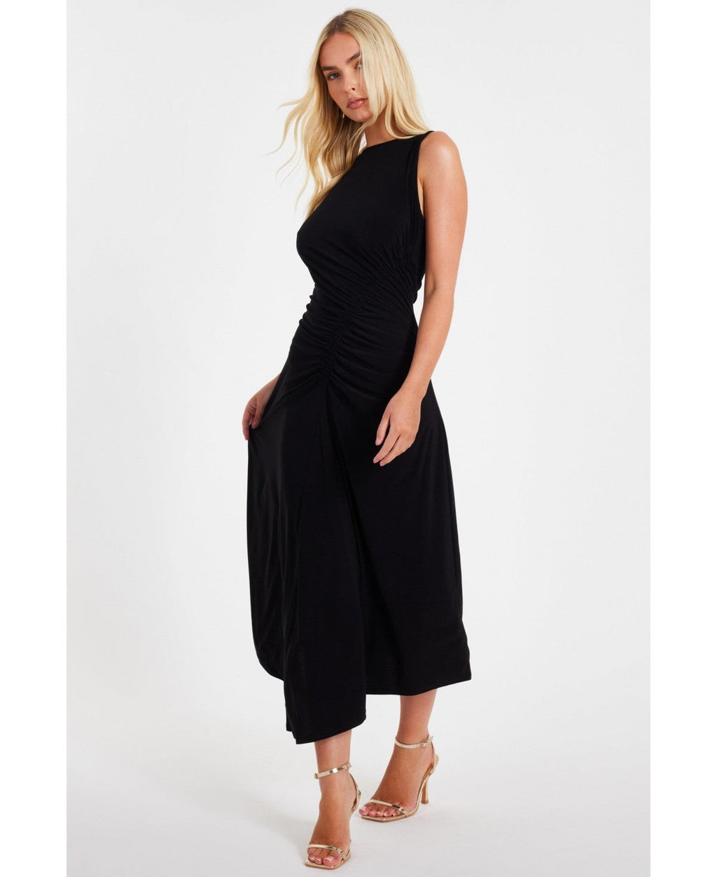 Quiz Womens Ity Ruched Detail MIDI Dress - Black, Size 14