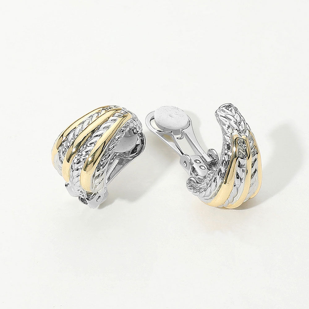 14K Gold Plated Two Tone Twisted Metal Dome Clip On Earrings
