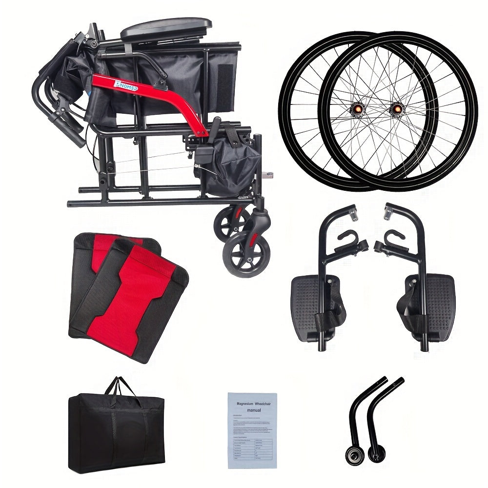 14lb Flip Back Arms Magnesium Lightweight Wheelchair Foldable with Ergonomic Backrest, Portable Transport Chair with Travel Bag, Travel Wheelchairs for Adults, 250Ib Weight Capacity, Black