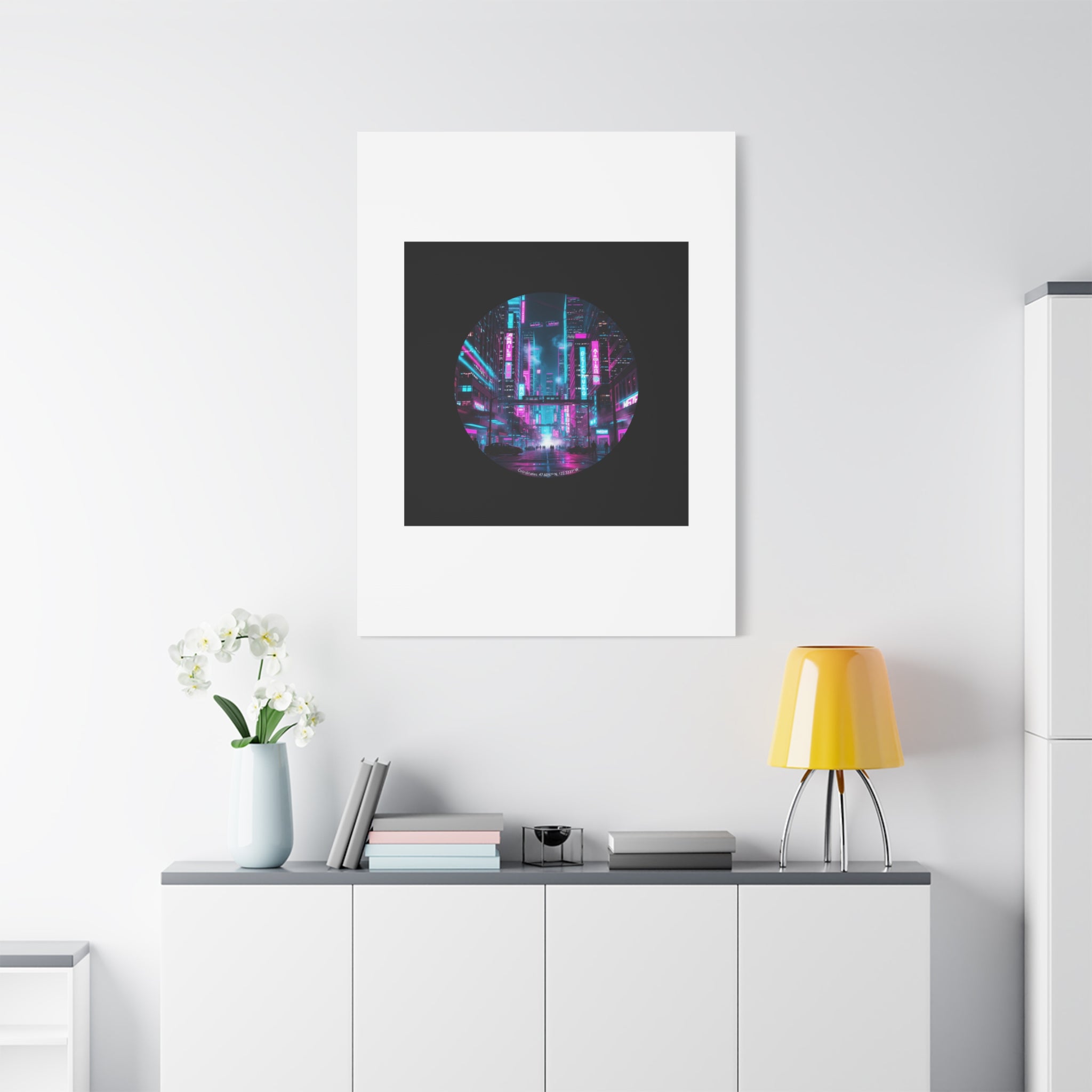 Neon Cyberpunk Cityscape Canvas | synthwave skyline, future city art