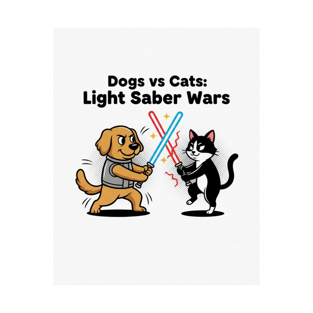Dogs vs Cats: Light Saber Wars Matte Poster — Funny Pet Battle Wall Art