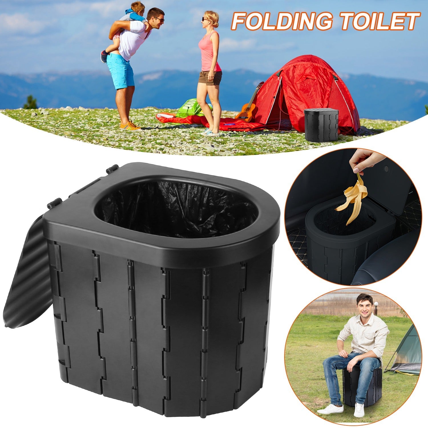 Foldable Emergency Toilet Portable Porta Potty for Car Travel Camping Boating Hiking Cleanable Travel Commode with Lid Carry Bag 1 Roll Garbage Bags