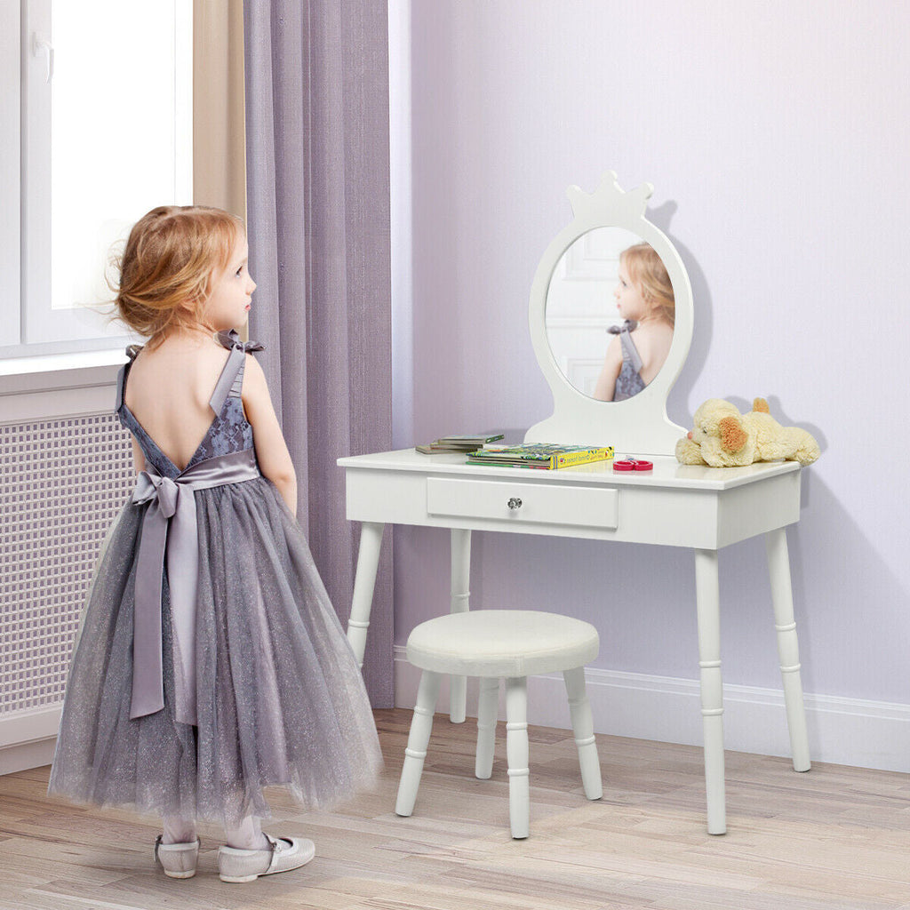 Kids Vanity Makeup Table & Chair Set Make Up Stool-White