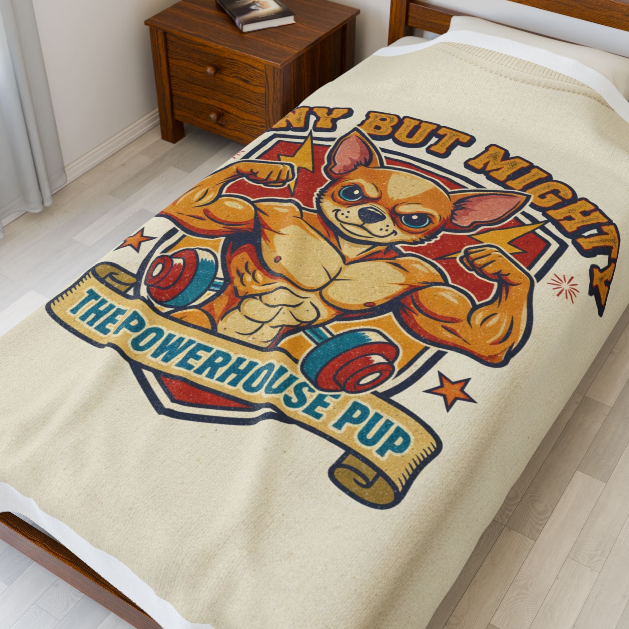 Velveteen Plush Blanket — "Tiny But Mighty" Funny Pup Throw