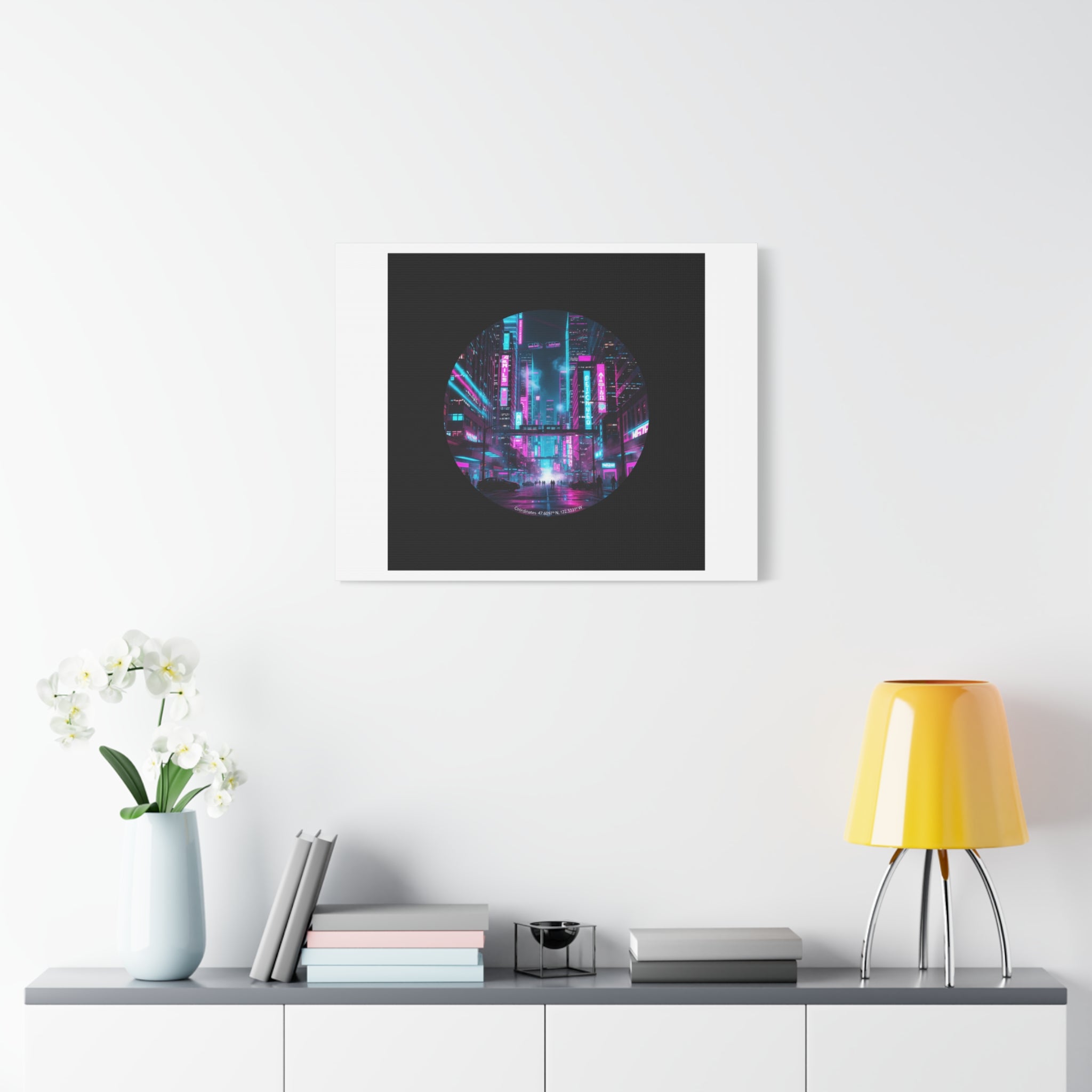 Neon Cyberpunk Cityscape Canvas | synthwave skyline, future city art