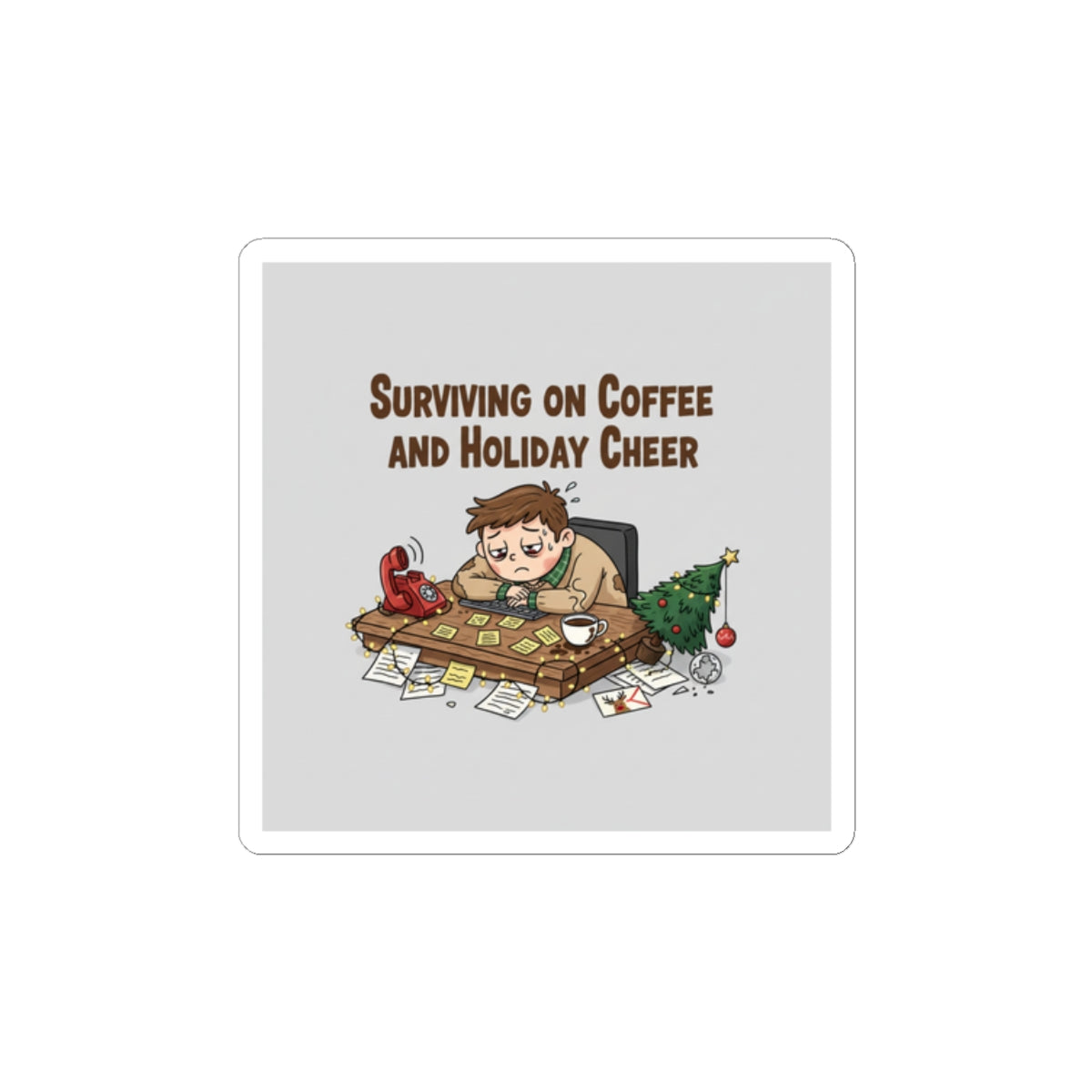 Surviving on Coffee and Holiday Cheer Sticker | Holiday Burnout Meme, festive but tired