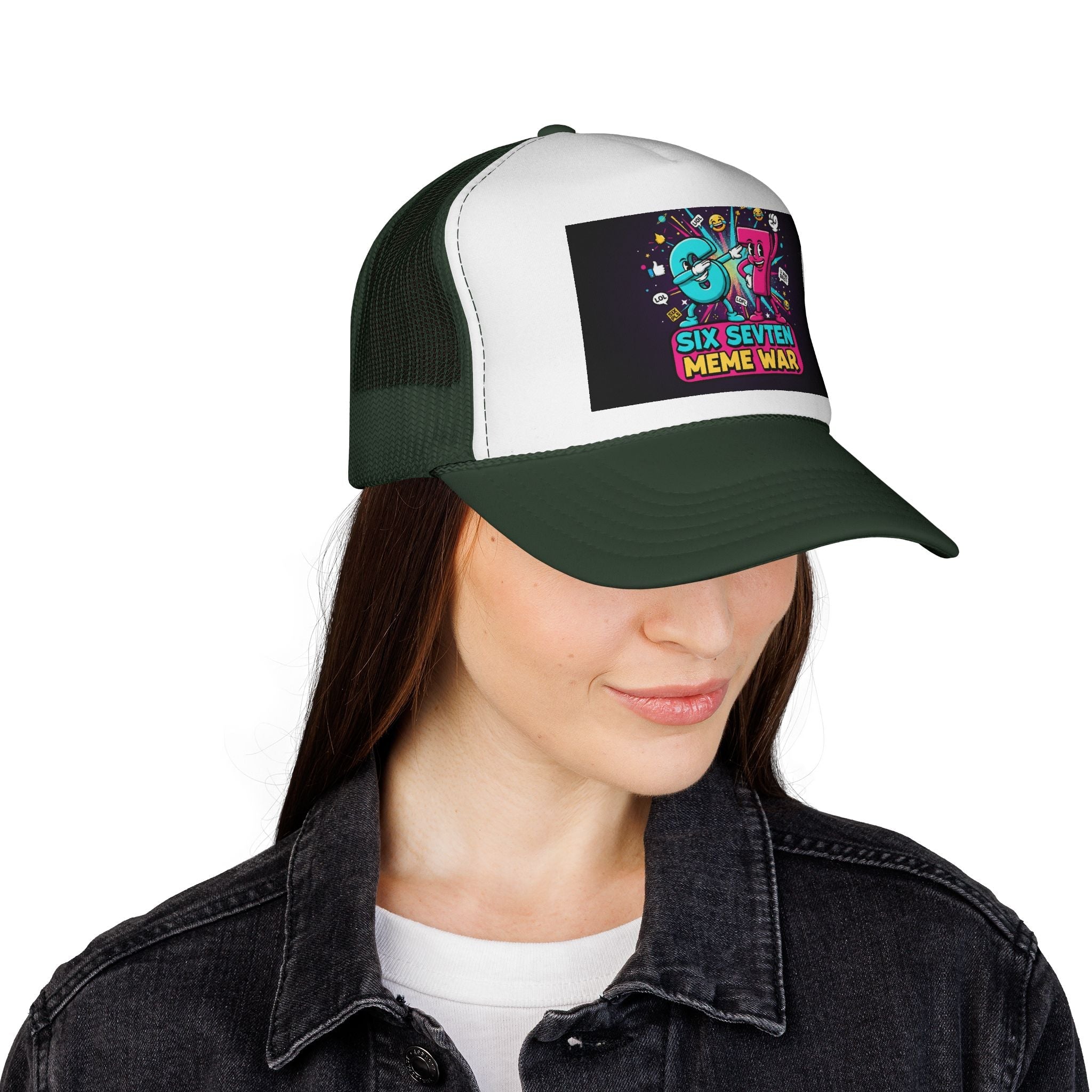 Trucker Cap - 'Six Seven Meme War' Colorful Retro Gaming Snapback