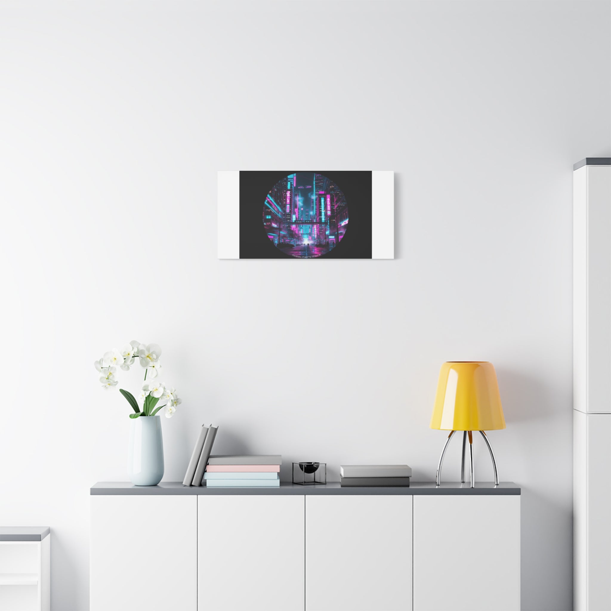 Neon Cyberpunk Cityscape Canvas | synthwave skyline, future city art