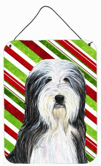 Bearded Collie Candy Cane Holiday Christmas Wall or Door Hanging Prints Aluminum Metal Sign Kitchen Wall Bar Bathroom Plaque Home Decor Front Door Plaque, 12x16, Multicolor