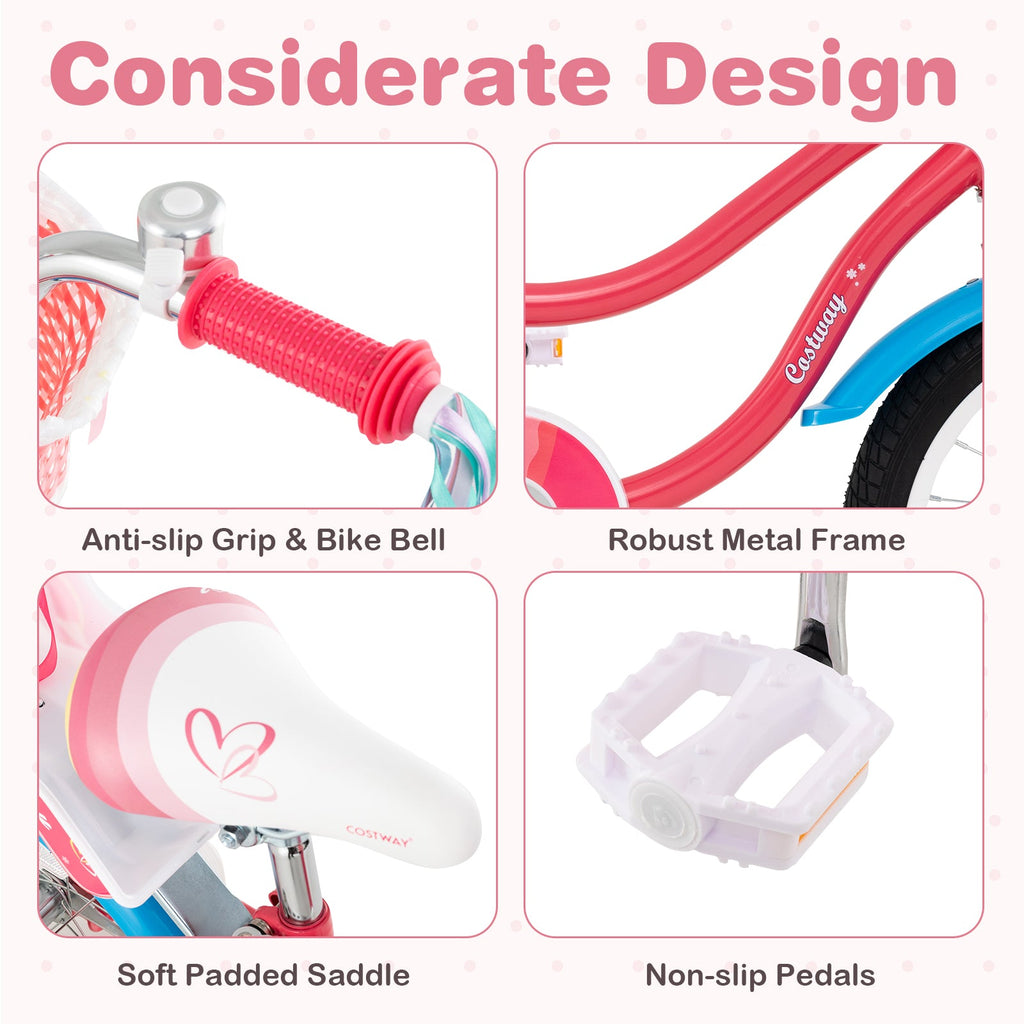 16 Inch Girls Bike for 4-7 Years Old Kids Bike with Doll Seat and Training Wheels
