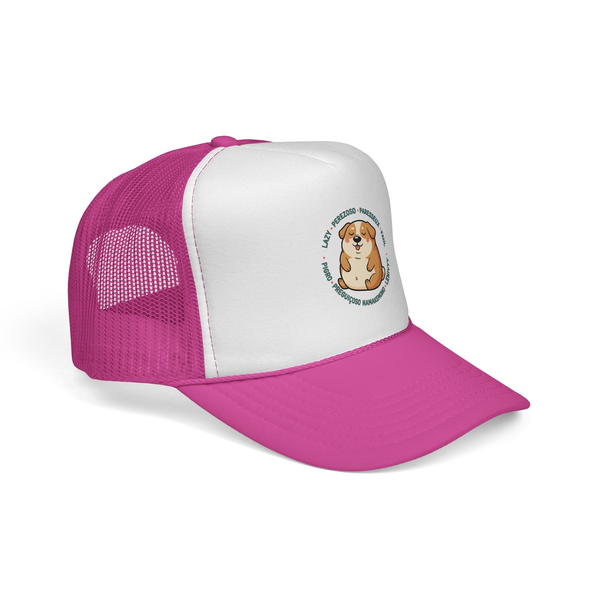 Funny Dog Meme Trucker Cap — "Fat Lazy" Multilingual Design (8 Languages)