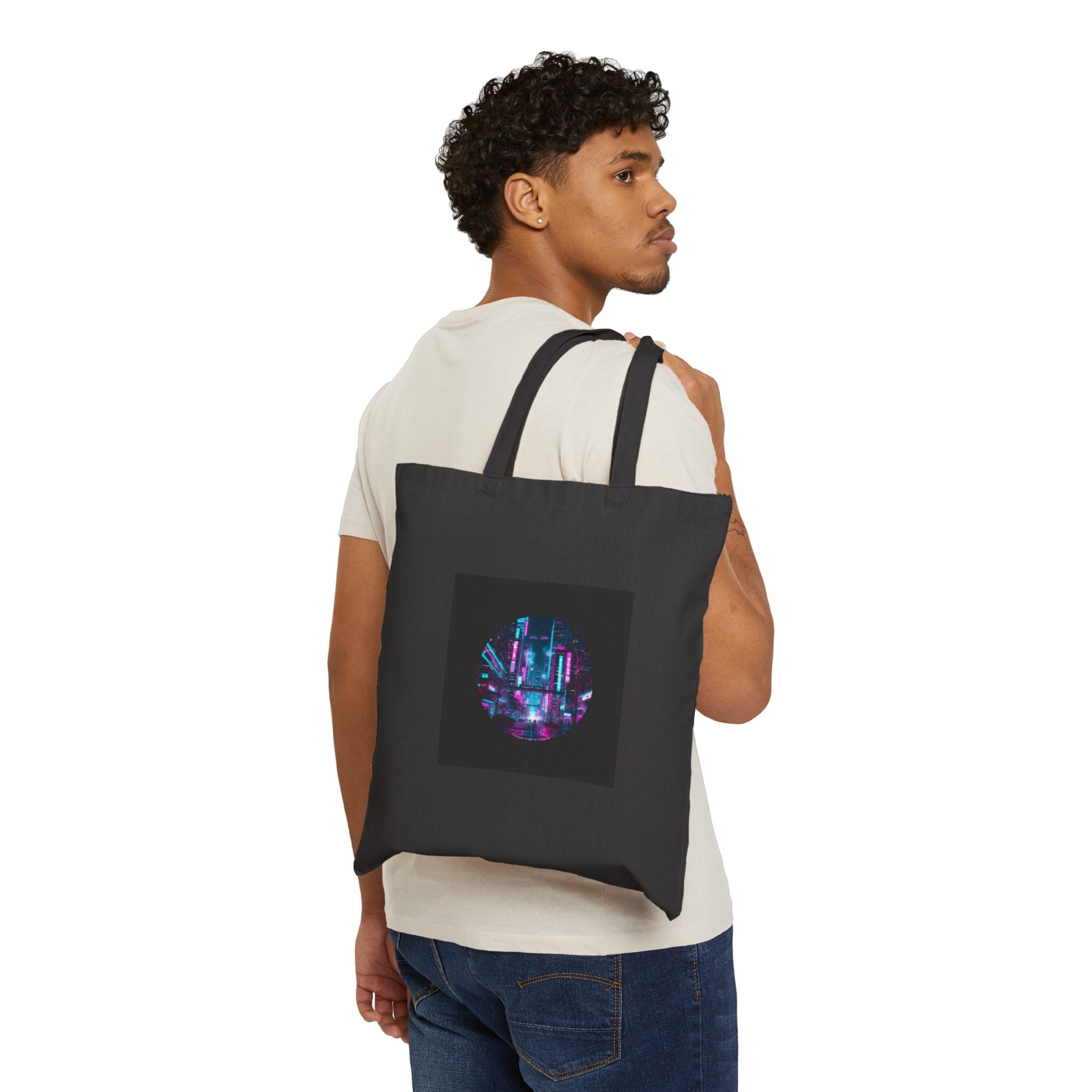 Neon Cyberpunk Skyline Tote | synthwave cityscape, futuristic neon aesthetic