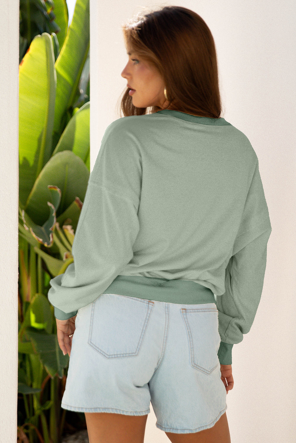Smoke Green Raw Edge Flower Patch Drop Shoulder Casual Top