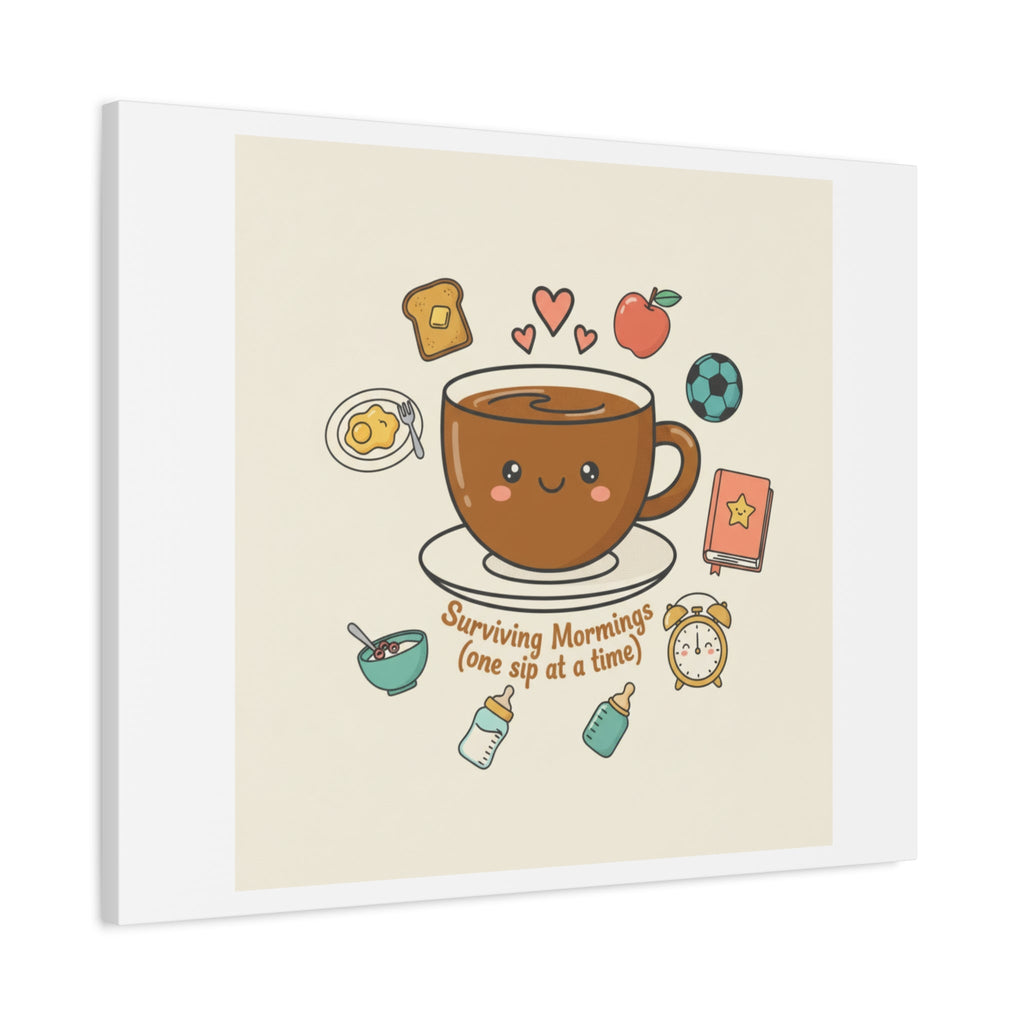Surviving Mornings (One Sip at a Time) Canvas | Parenting Morning Humor, Coffee & Kids