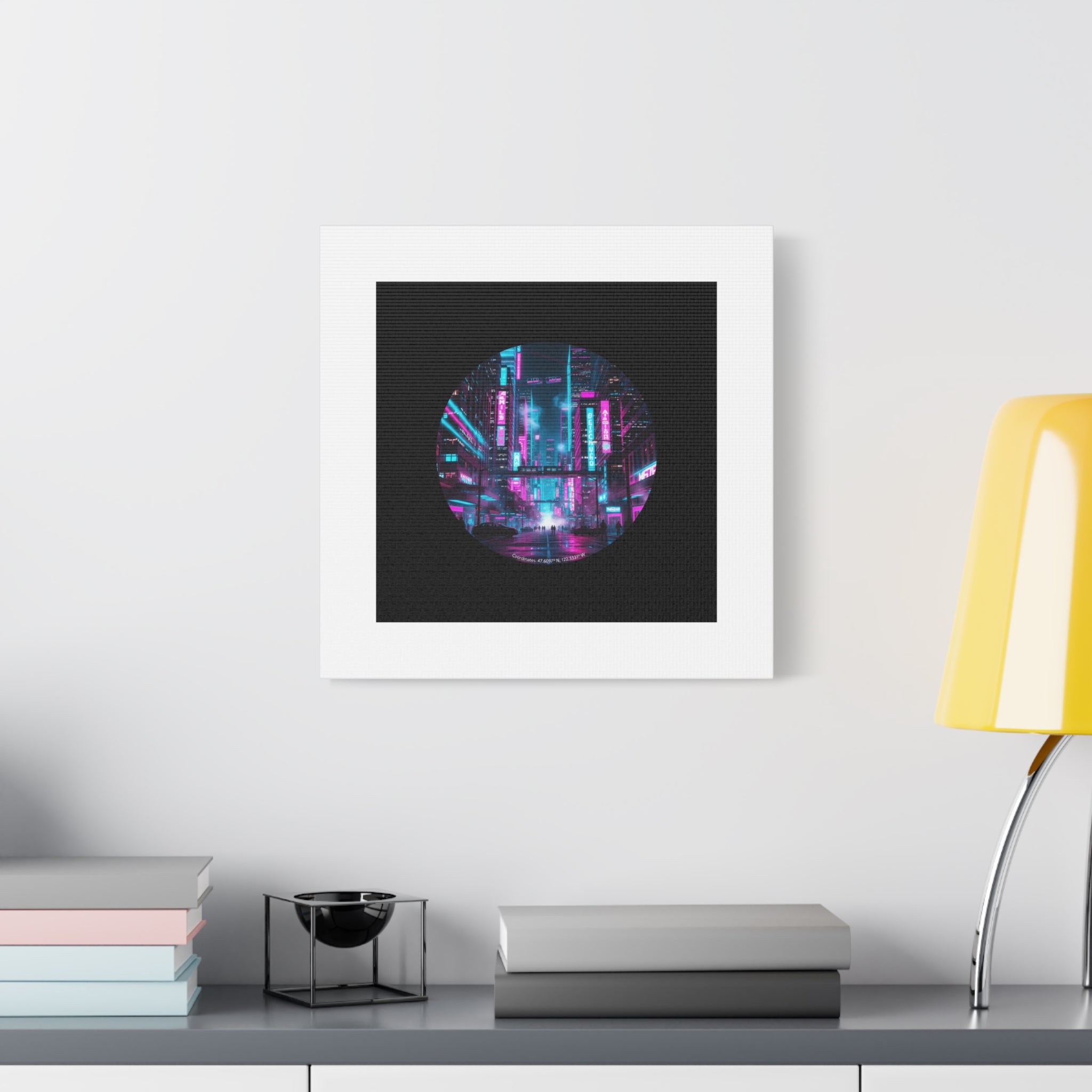 Neon Cyberpunk Cityscape Canvas | synthwave skyline, future city art