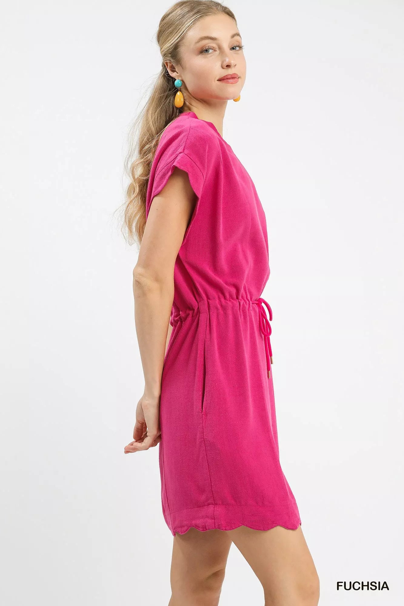 Umgee Linen Blend Scallop Hem Mini Dress