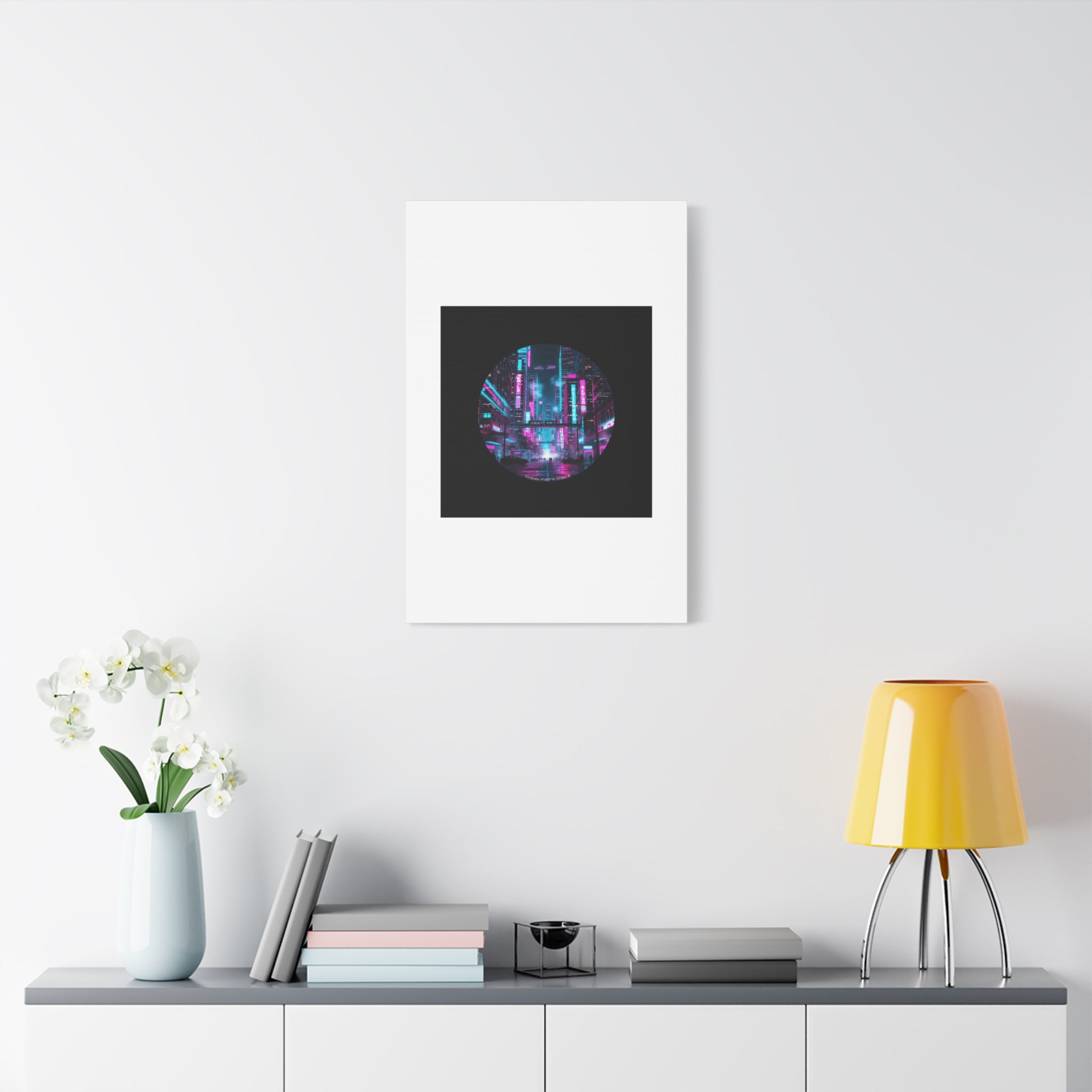 Neon Cyberpunk Cityscape Canvas | synthwave skyline, future city art