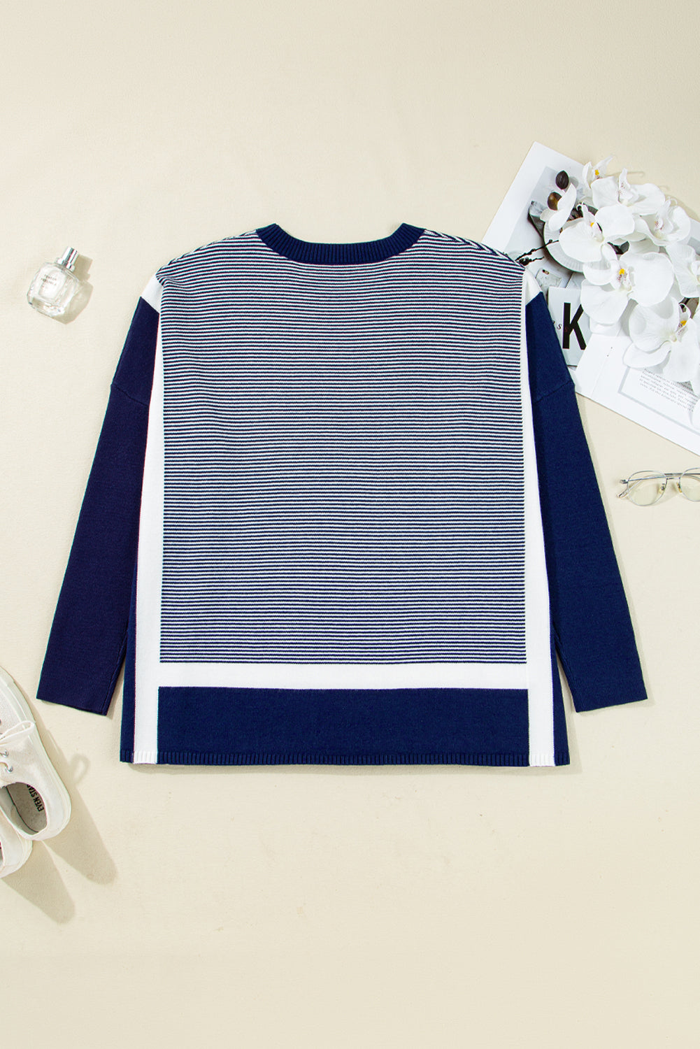 Blue Striped Colorblock Patchwork Dolman Oversize Tunic Sweater