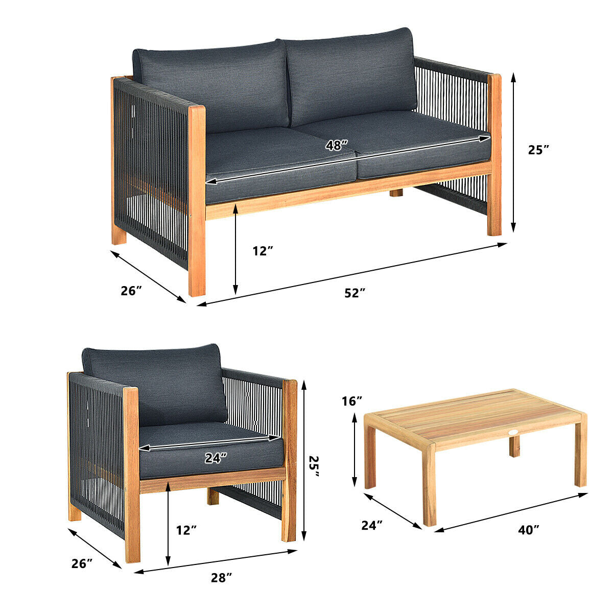 4 Pieces Acacia Wood Outdoor Patio Furniture Set with Cushions