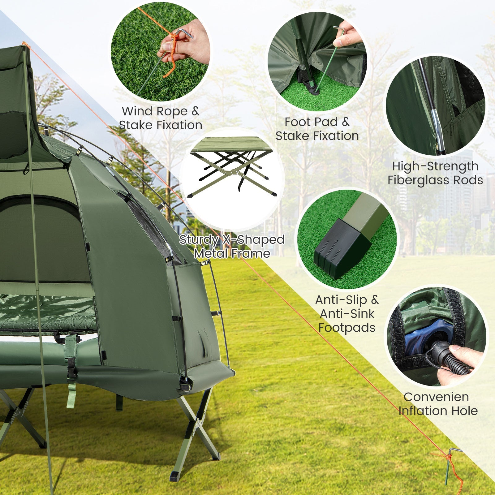 1-Person Folding Camping Tent with Sunshade and Air Mattress