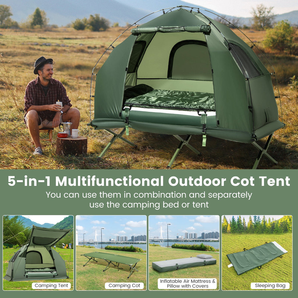 1-Person Folding Camping Tent with Sunshade and Air Mattress