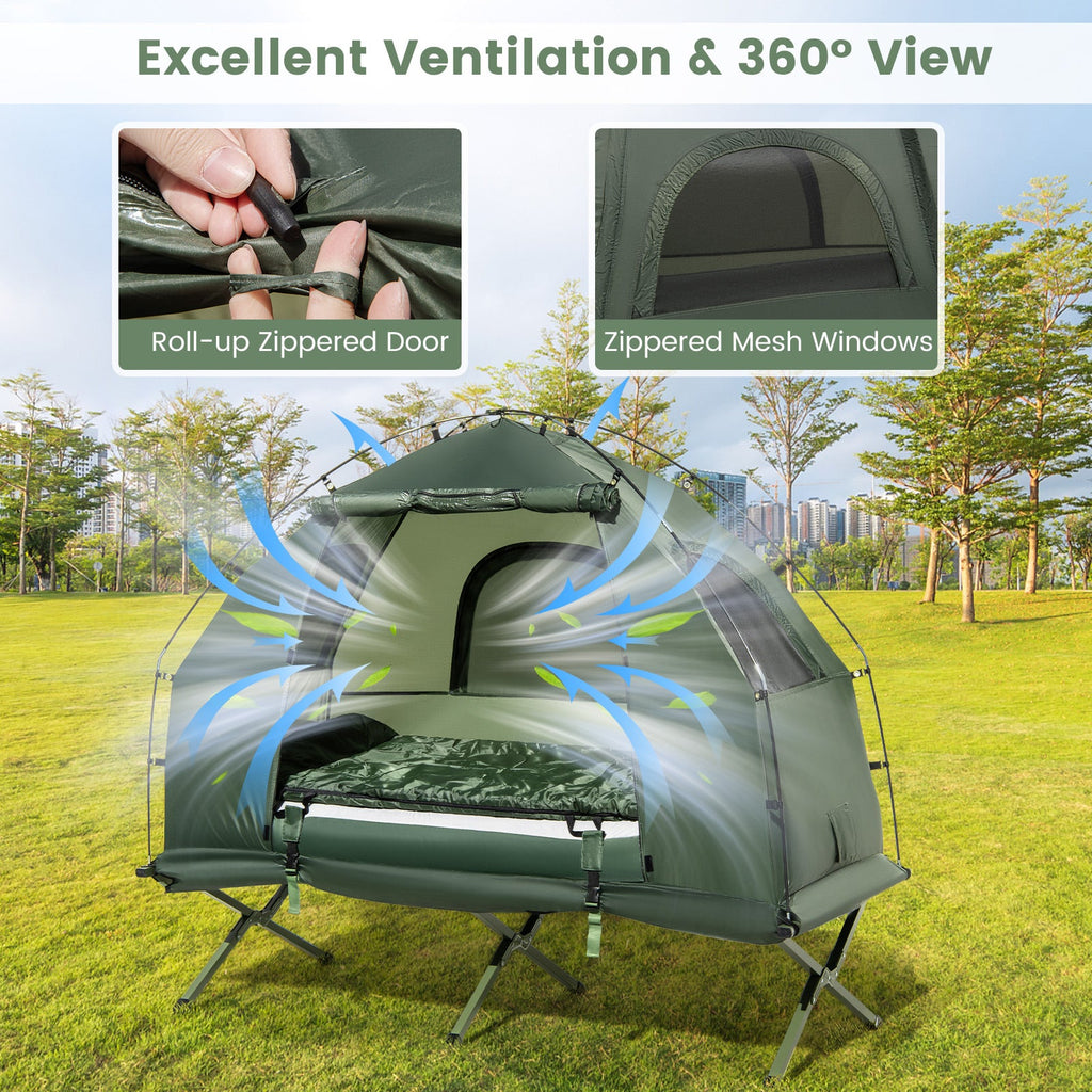 1-Person Folding Camping Tent with Sunshade and Air Mattress