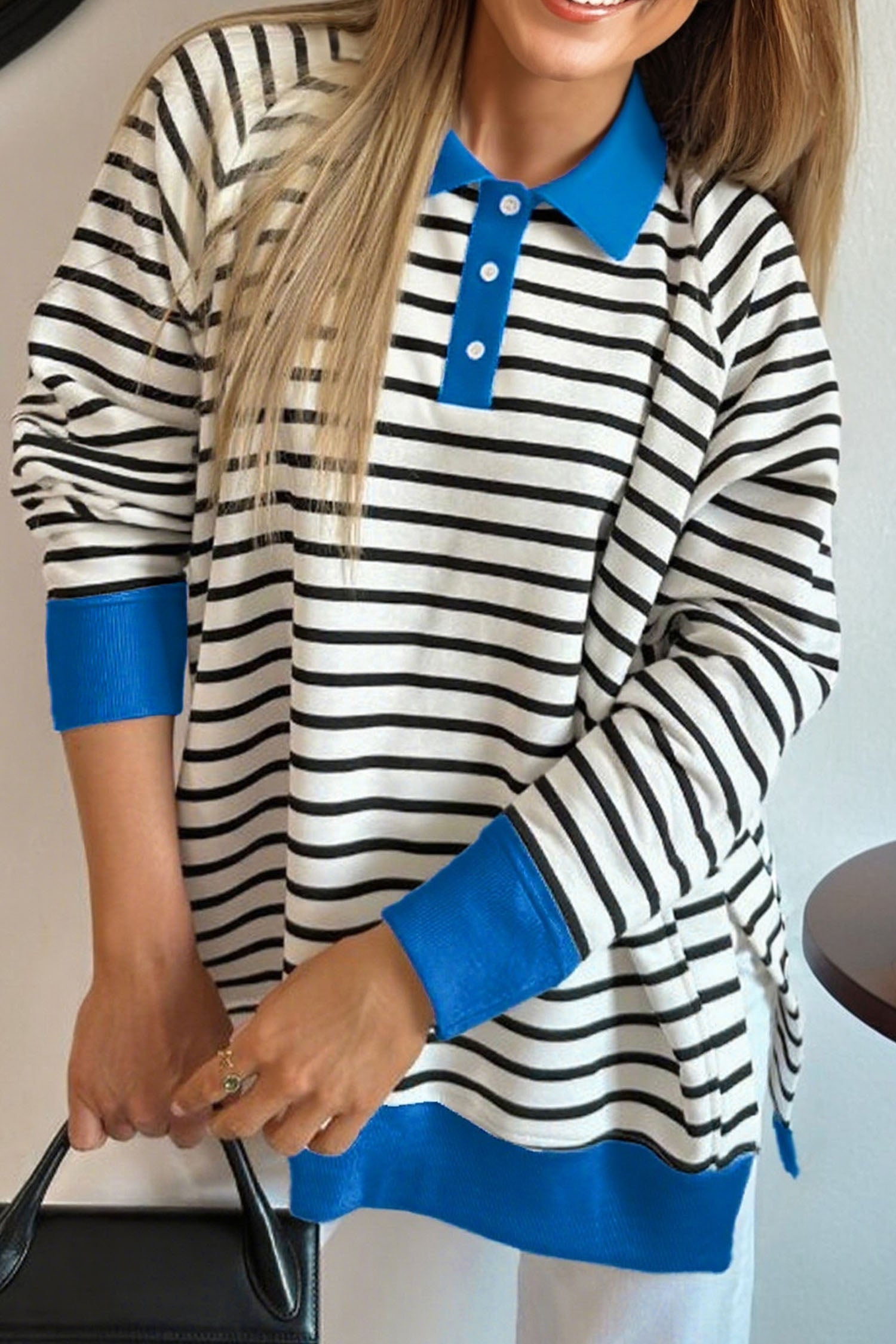 Black Stripe Color Block Patchwork Button Polo Collar Side Slit Sweatshirt
