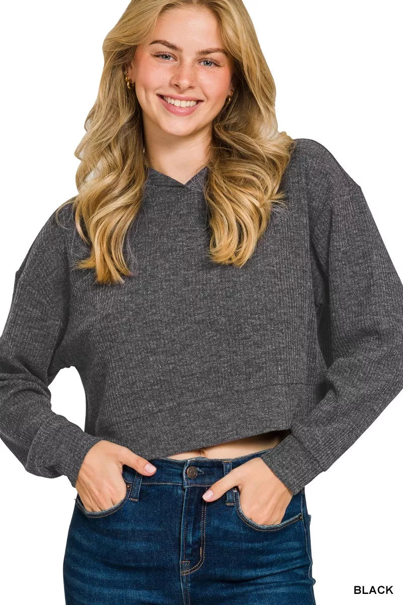 Zenana Drop Shoulder Ribbed Crop Hoodie