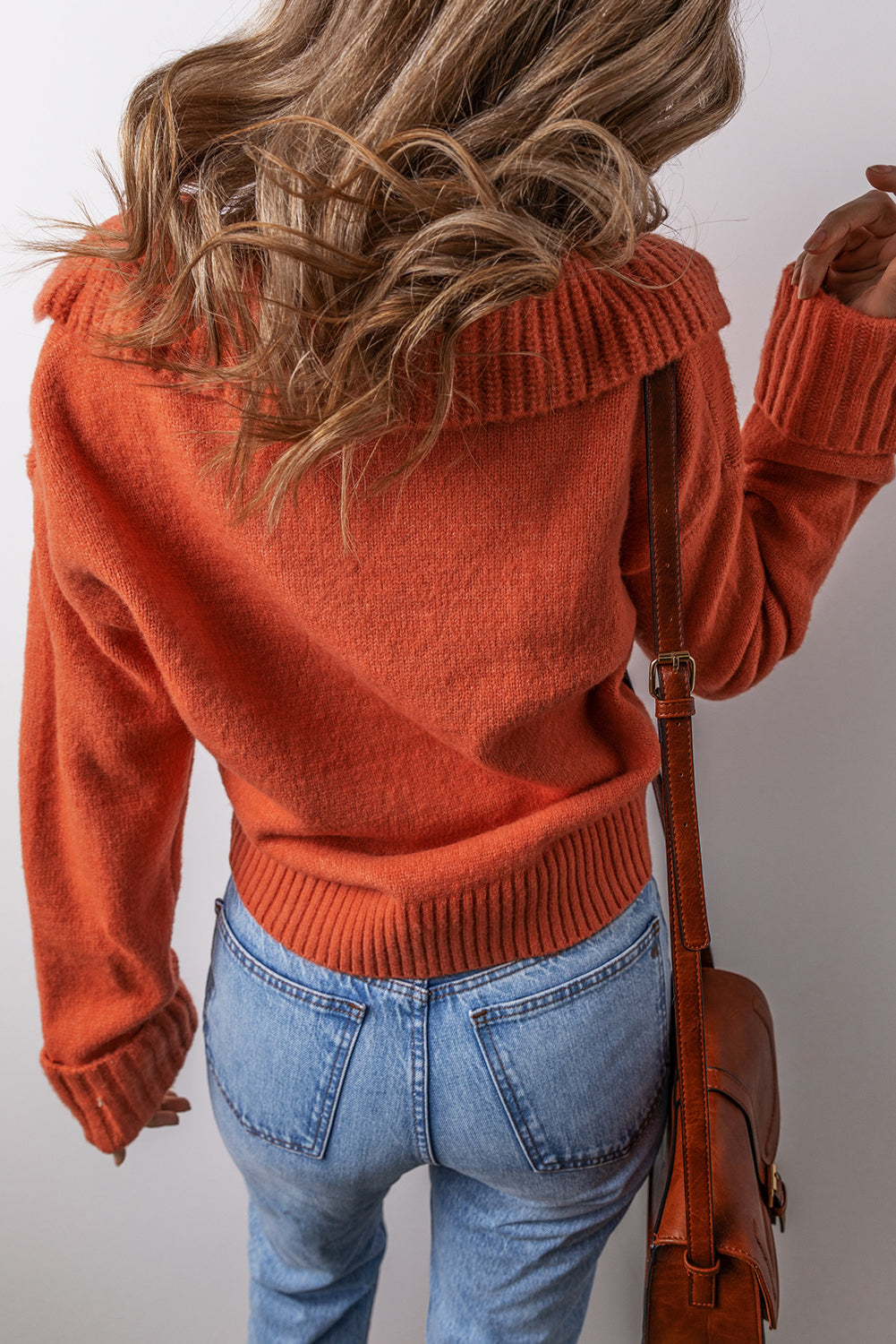 Racing Red Ribbed Edge Collared V Neck Loose Fit Sweater