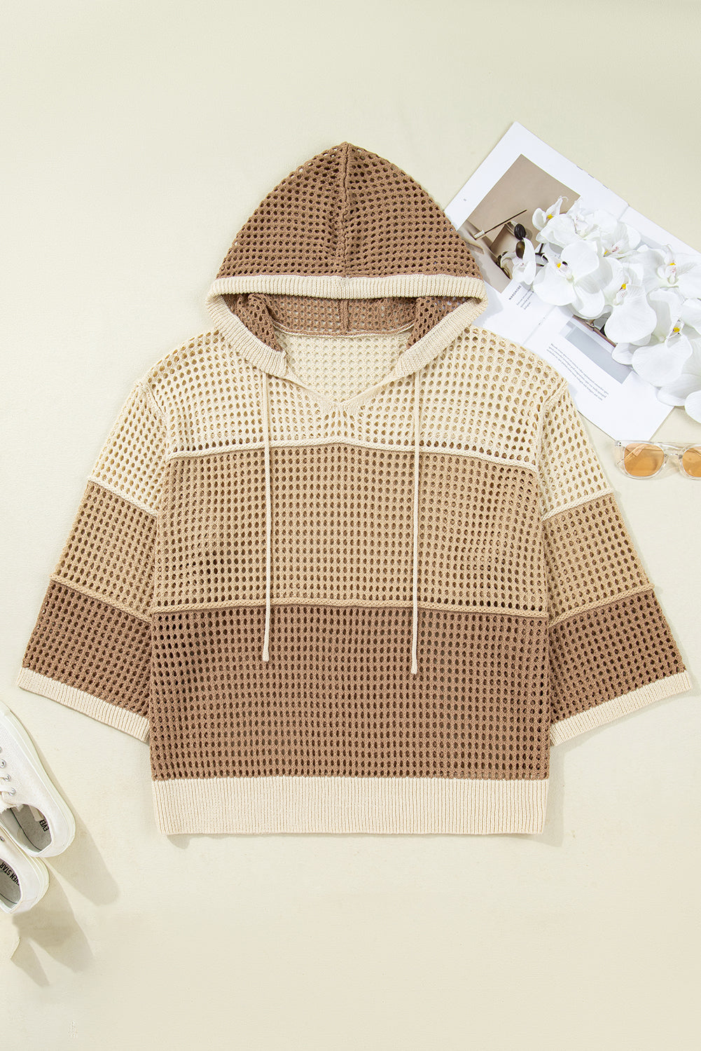 Parchment Colorblock Hollowed Knit Plus Size Hooded Jumper Sweater