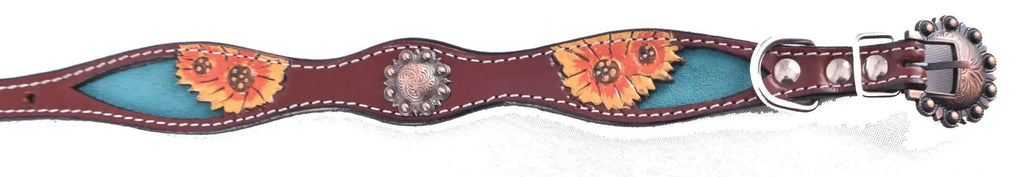 Hand Painted Sunflowers leather dog collar with copper buckle.
