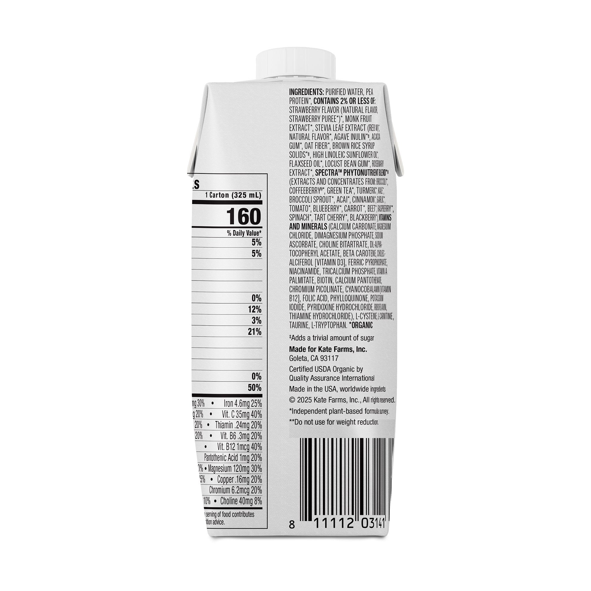 Oral Supplement Kate Farms High Protein Strawberry Flavor Liquid 11 oz. Carton 811112031420